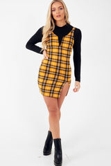 Mustard Tartan Plunge Neck Mini Dress - Irisa