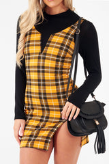 Mustard Tartan Plunge Neck Mini Dress - Irisa