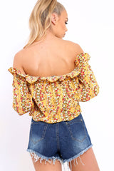 Mustard Floral Print Bardot Frill Crop Top - Rayna