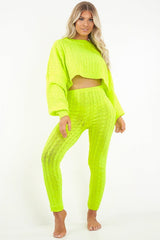 Neon Yellow Cable Knit Batwing Jumper Loungwear Set - Janea