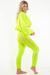 Neon Yellow Cable Knit Batwing Jumper Loungwear Set - Janea