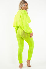 Neon Yellow Cable Knit Batwing Jumper Loungwear Set - Janea