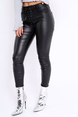 Black Lace Up Matte PU Jeans - Yissel