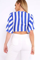 Blue and White Striped Tie Front Crop Top - Yoanna