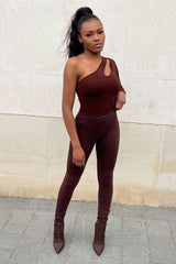Chocolate Slinky Cut Out One Sleeve Bodysuit - Debby