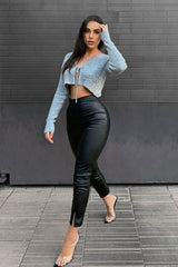 Black Split Front Faux Leather Skinny Trouser - Meya