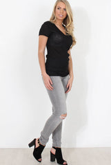 Black Ribbed V Neck Top - Yvette