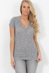 Grey Ribbed V Neck Top - Yvette