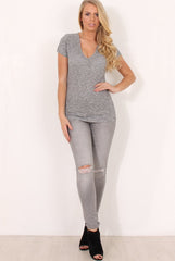 Grey Ribbed V Neck Top - Yvette