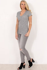 Grey Ribbed V Neck Top - Yvette
