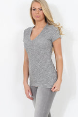 Grey Ribbed V Neck Top - Yvette