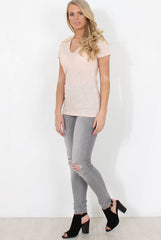 Pink Ribbed V Neck Top - Yvette