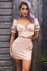 Nude Faux Leather Milkmaid Crop Skirt Co-ord - Primrose