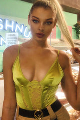 Lime Satin Lace Plunge Bodysuit - Zaida