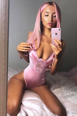 Dusty Pink Satin Lace Plunge Bodysuit - Zaida