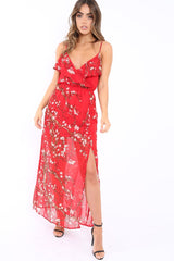 Red Floral Maxi Dress with Frill - Zaila