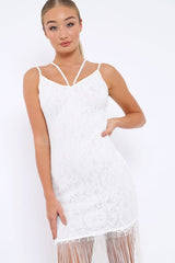 White Lace Dress with Long Tassel Hems - Zana