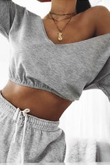 Grey Plunge off Shoulder Cropped Sweatshirt - Zarah