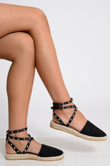 Black Studded Cross Over Espadrilles -Zareen