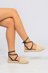 Beige Studded Cross Over Espadrilles -Zareen
