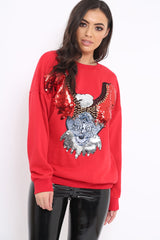 Red Sequin Embellished Rock Eagle Slogan Sweatshirt - Zaria