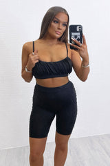 Black Ruched Panel Crop Top + Cycling Shorts Co-ord - Zariah