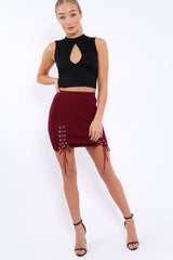 Wine Soft Stretch Skirt with Lace Up Detail - Zarrah