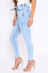 Light Blue Denim Ripped Lace Up Jeans - Zadee