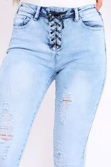 Light Blue Denim Ripped Lace Up Jeans - Zadee