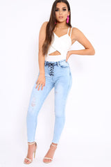 Light Blue Denim Ripped Lace Up Jeans - Zadee