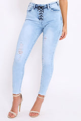 Light Blue Denim Ripped Lace Up Jeans - Zadee