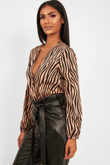 Brown Zebra Print Plunge Bodysuit - Aaralyn