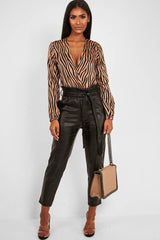 Brown Zebra Print Plunge Bodysuit - Aaralyn