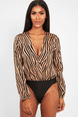 Brown Zebra Print Plunge Bodysuit - Aaralyn