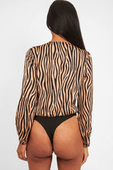 Brown Zebra Print Plunge Bodysuit - Aaralyn