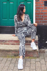 Zebra Plunge Tie Waist Jumpsuit - Ellajane