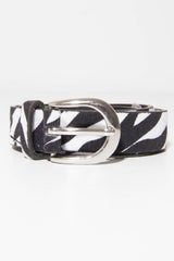White and Black Faux Pony Hair Zebra Print Belt - Calliana