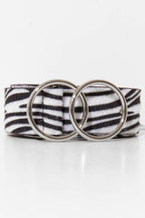 Zebra Print Faux Pony Hair Double Circle Buckle Belt - Tansy