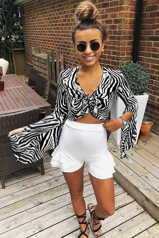 Black And White Zebra  Tie Front Top - Adelei
