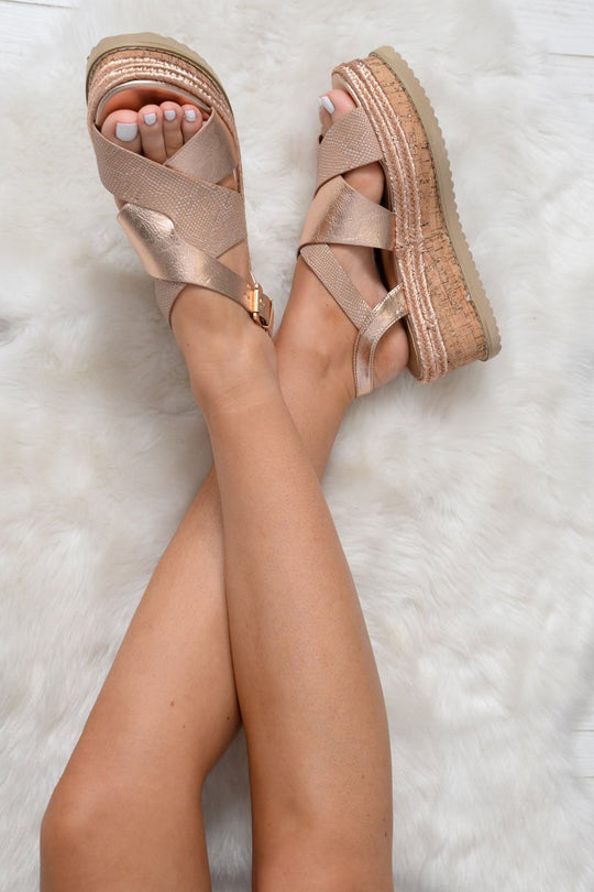 Champagne Metallic Ankle Strap Wedges -zeidy