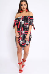 Black and Red Floral Bardot Dress - Zhen