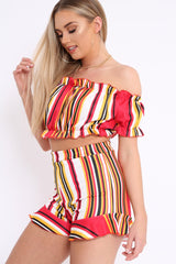Red And Mustard Stripe Ruffle Bardot Bralet And Shorts Co-ord - Zia