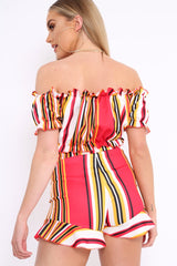 Red And Mustard Stripe Ruffle Bardot Bralet And Shorts Co-ord - Zia