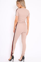 Nude Ribbed Co ord with Striped Sports Trim Detail - Zinaya