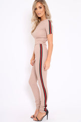Nude Ribbed Co ord with Striped Sports Trim Detail - Zinaya