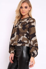 Camo Lace Up Front Blouse - Zion