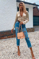 Gold Satin Corset Detail Plunge Blouse - Myha