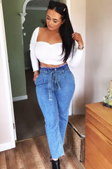 White Puff Sleeve Sweetheart Neckline Crop Top - Tomi