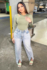 Khaki Keyhole Cut Out Slinky Bodysuit - Elidia