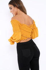 Mustard Shirred Wrap Over Bardot Crop Top - Zuri